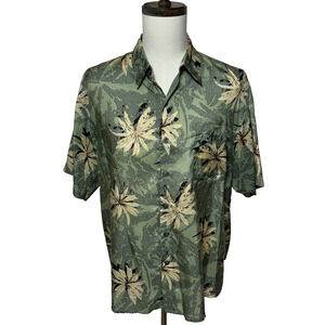 Windham Pointe Shirt Mens Large Green Tan Hawaiian Floral‎ Silk Blend Beachy